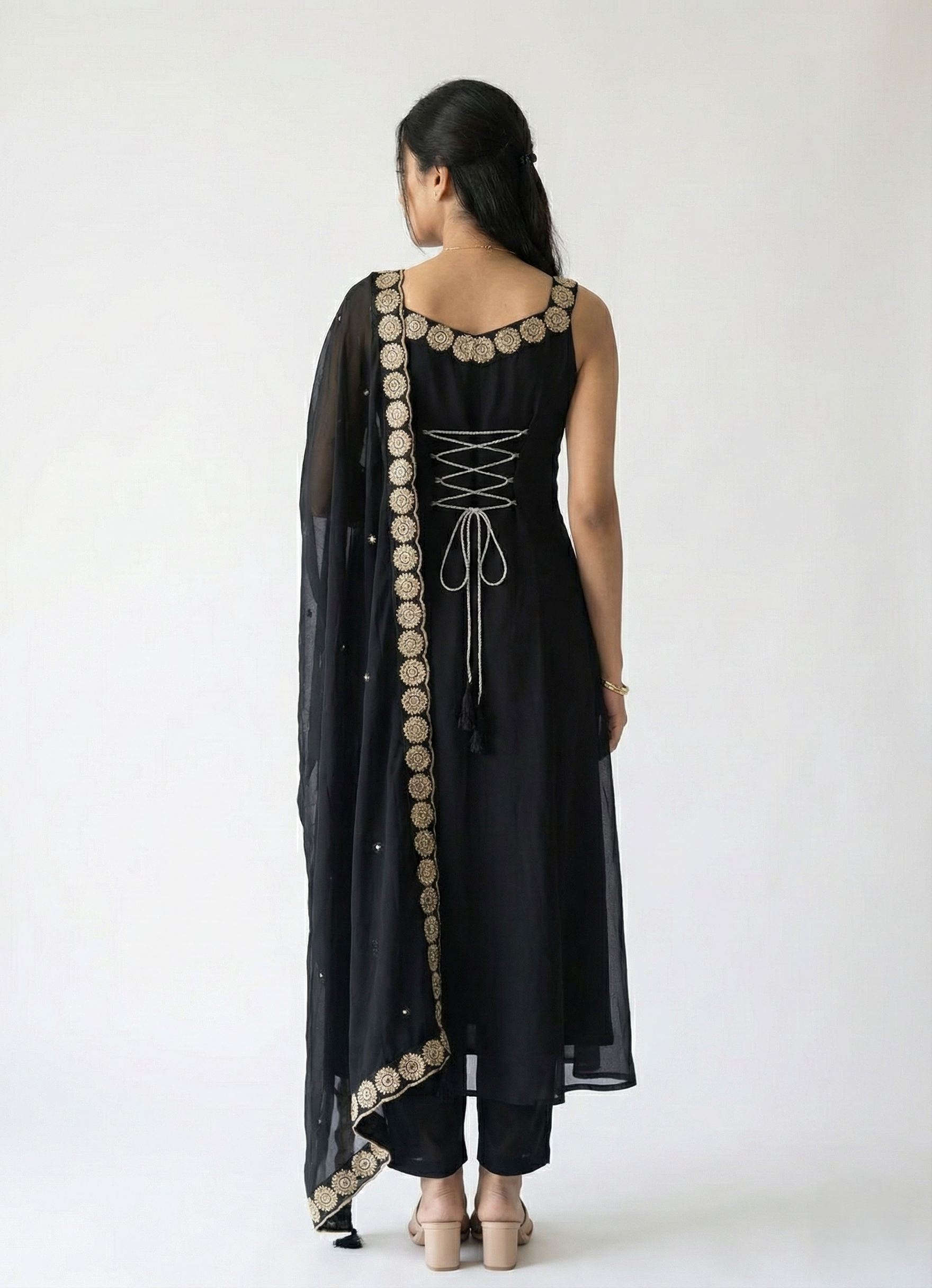 Black Sequinned A-line Kurta Set with Dupatta