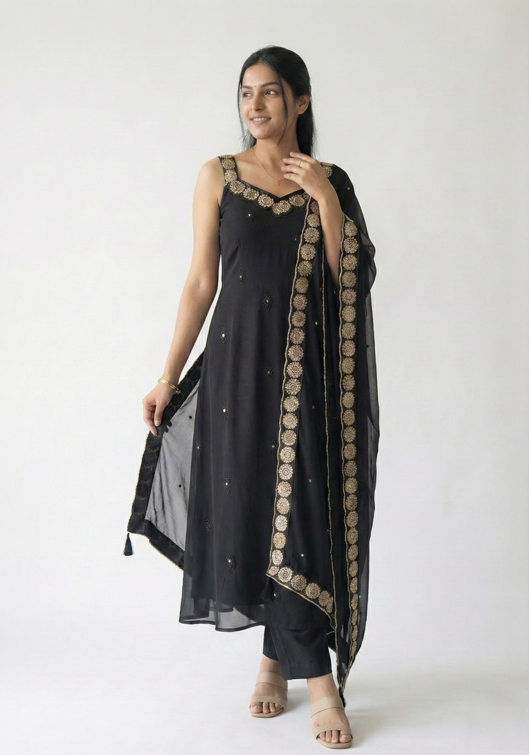 Black Sequinned A-line Kurta Set with Dupatta