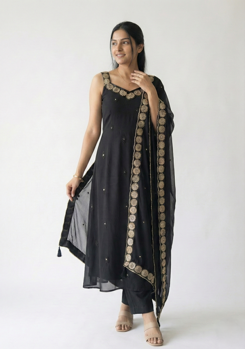 Black Sequinned A-line Kurta Set with Dupatta