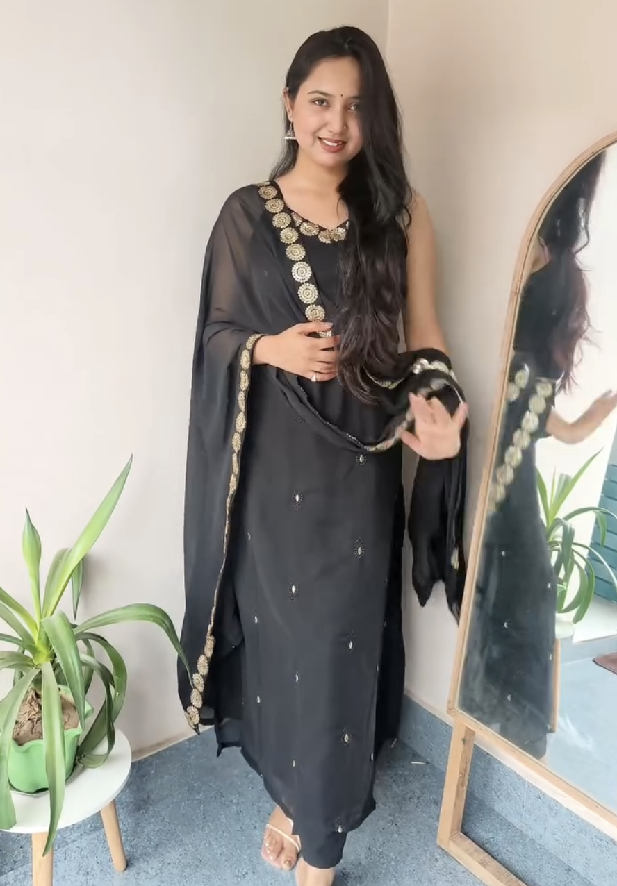 Black Sequinned A-line Kurta Set with Dupatta